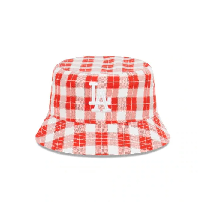 New Era LA Dodgers Plaid Scarlett Red White Bucket Hat