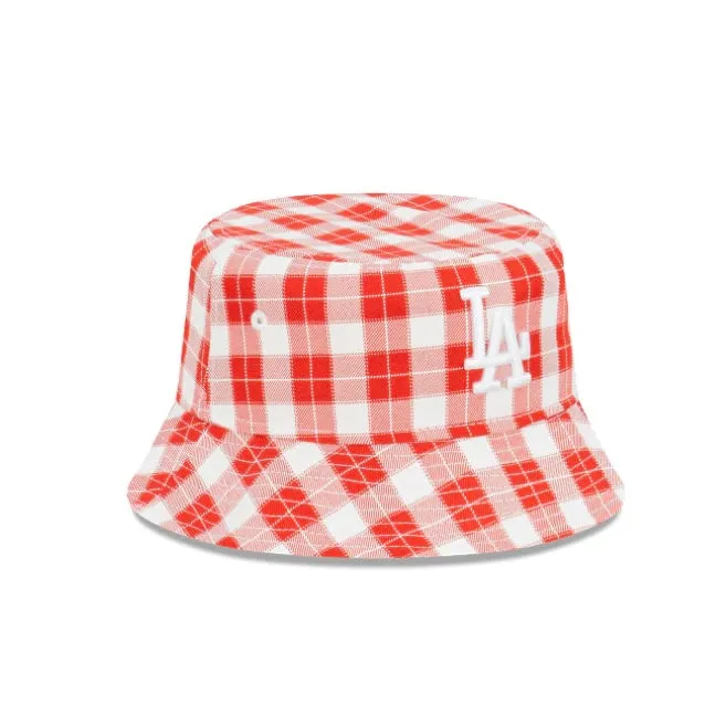 New Era LA Dodgers Plaid Scarlett Red White Bucket Hat
